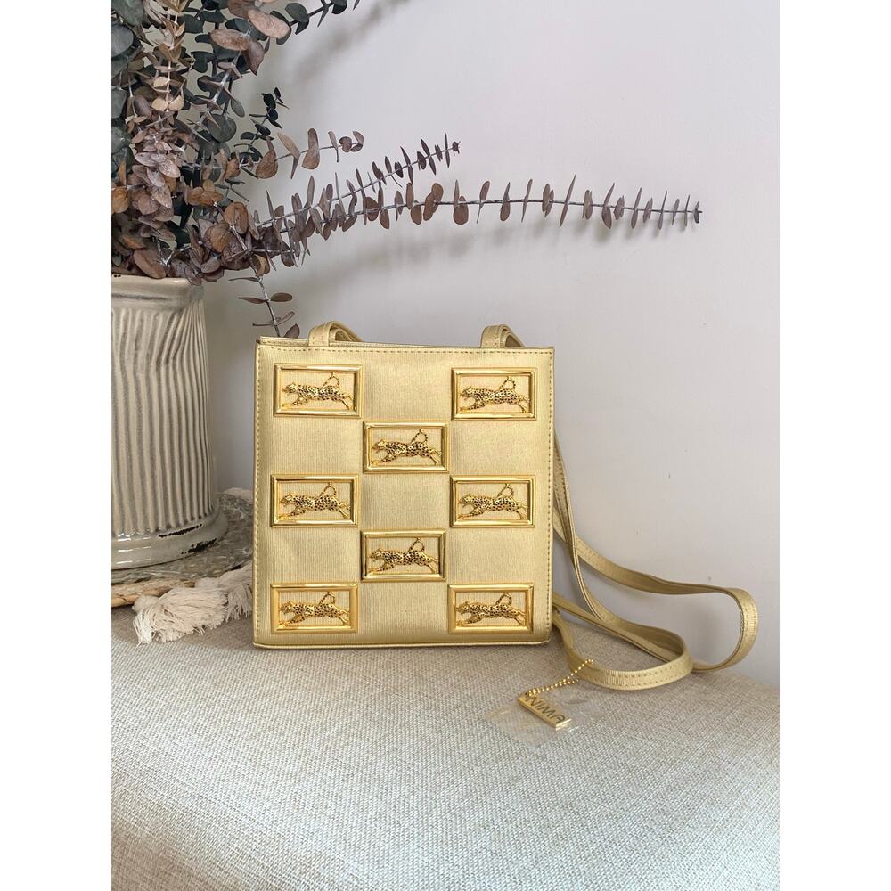 Vintage NIMA Gold Statement Shoulder Bag with Leopards Glam Chic Bold Luxury